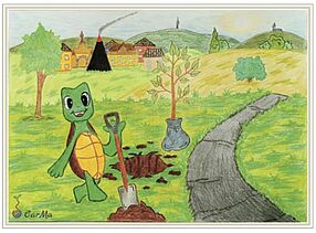 Zeichnung einer Schildkröte mit Spaten, die an einem Weg einen Baum pflanzt. Zeichnug: C. Martin