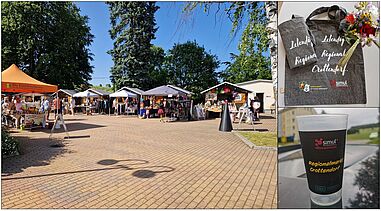 Fotokollage Ansicht Regionalmarkt, nachhaltige graue Stoffbeutel mit weißer Aufschrift, Mehrwegbecher mit Regionalmarktlogo, Fotos: C. Wolf, Gemeindeverwaltung Crottendorf